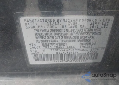 2015 Nissan Sentra Sr из США, поврежденный, VIN 3N1AB7AP1FY378851